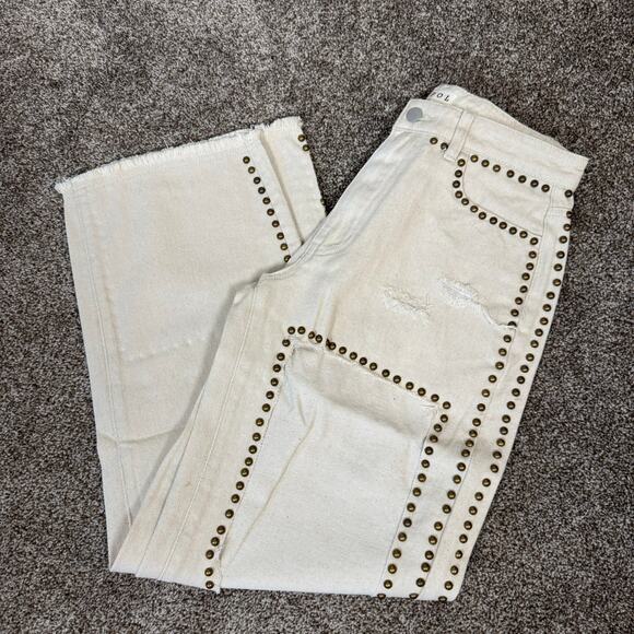 POL NWOT Women's Size Small 27 Loose Fit Oatmilk Cutout Studded Jeans Boho - Picture 2 of 12